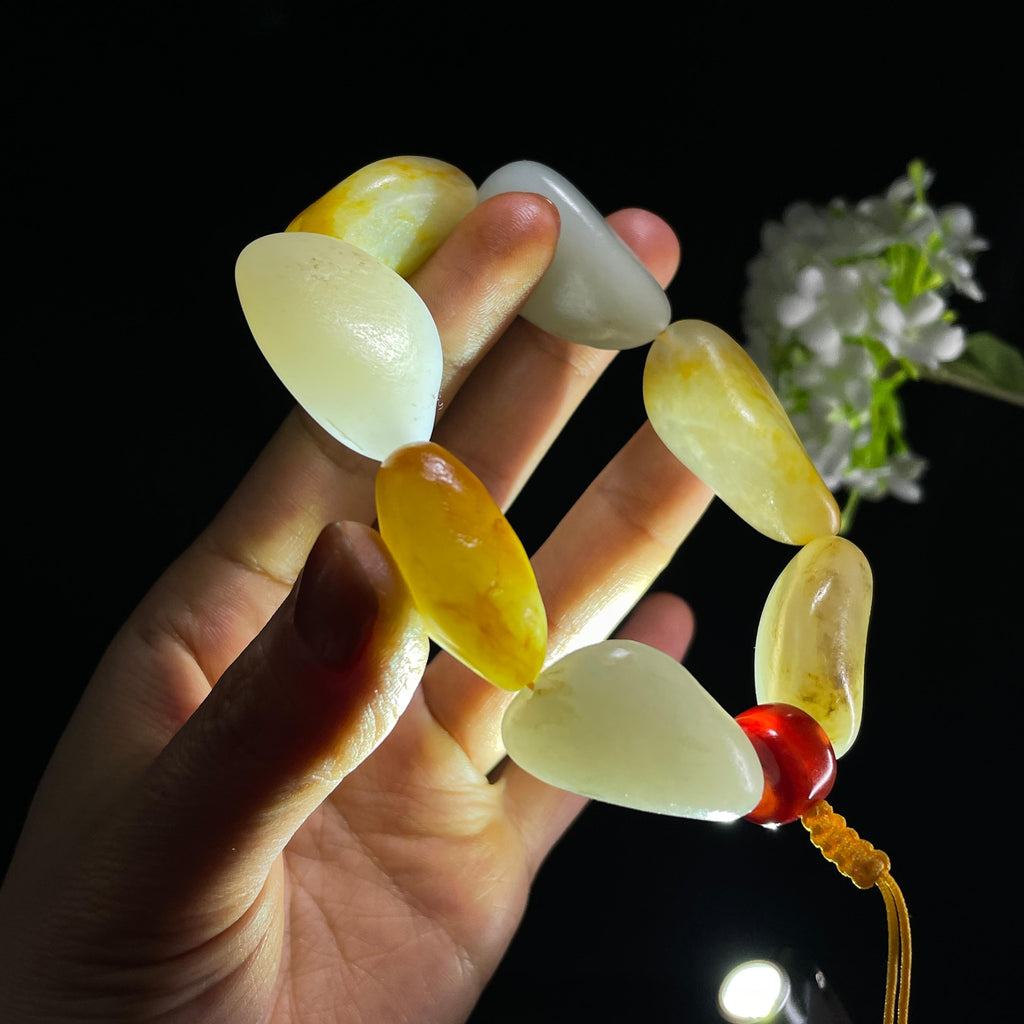 新疆天然和田玉白玉青白玉洒金皮原籽手串（yc383874）