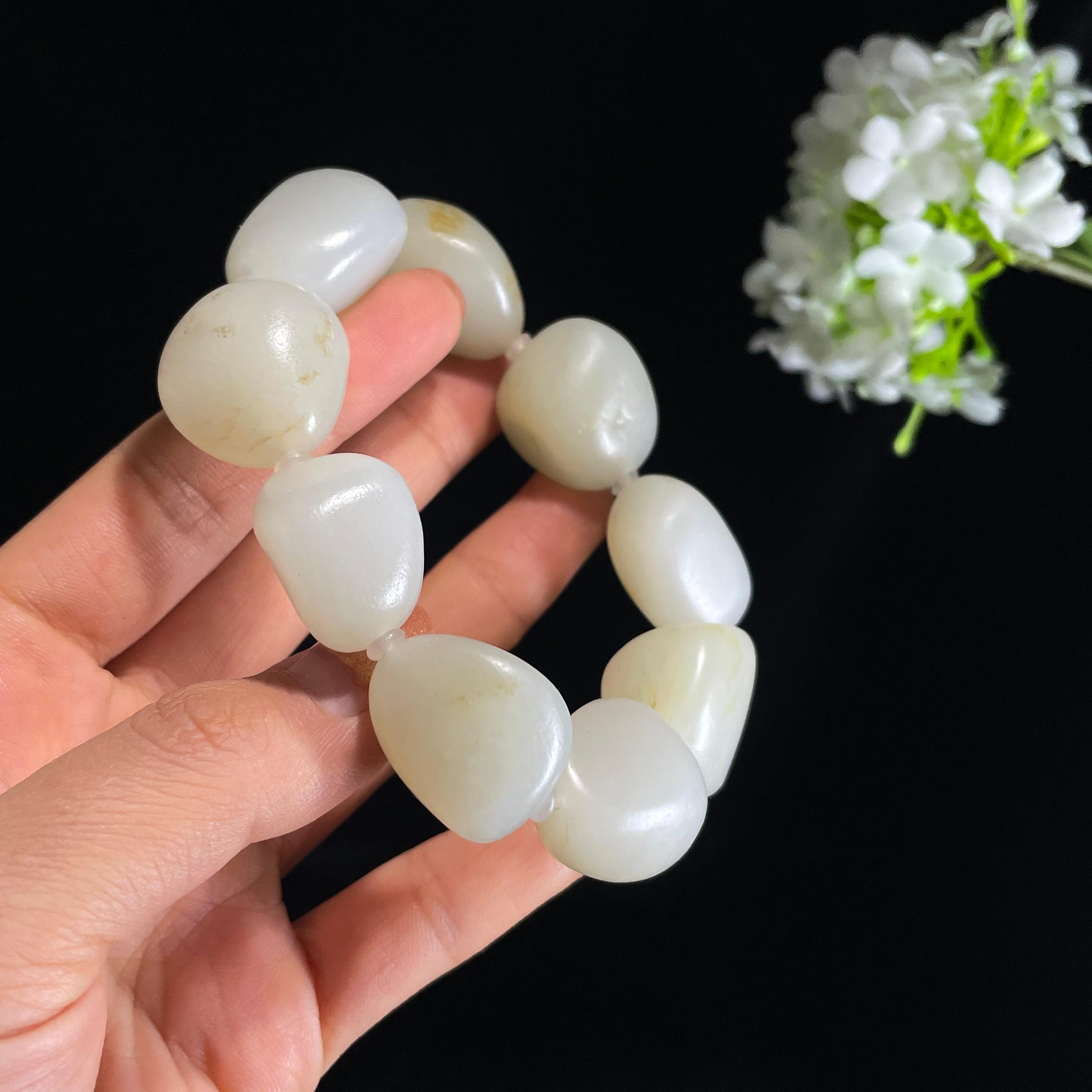新疆天然和田玉白玉洒金皮原籽手串（yc410605）