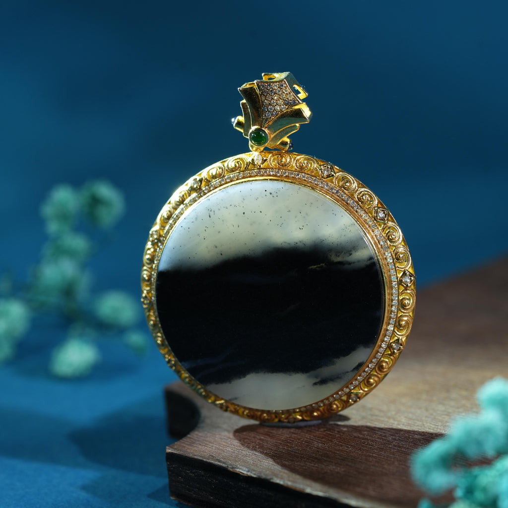 珍品18K 金镶和田玉青花籽料平安无事牌（yc773636）