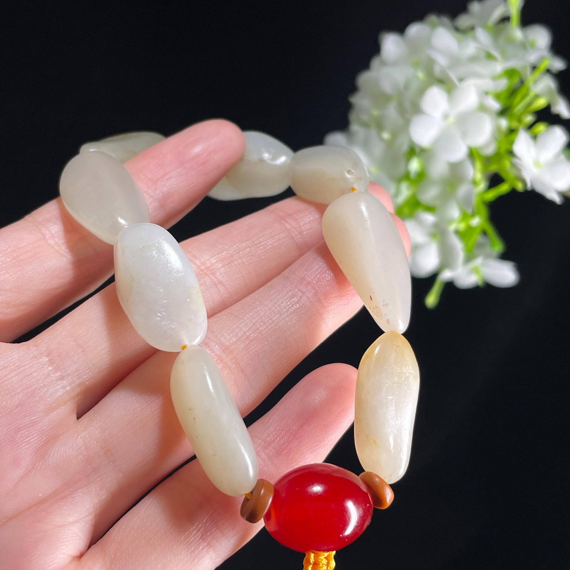 新疆天然和田玉白玉青白玉洒金皮原籽手串（8颗）（yc396006）