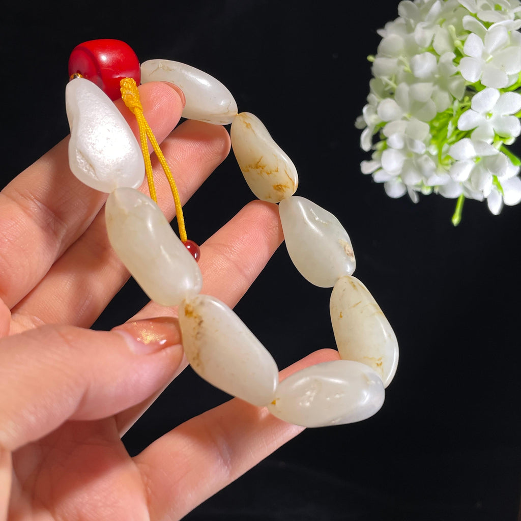 新疆天然和田玉白玉洒金皮原籽手串（8颗）（yc434485）