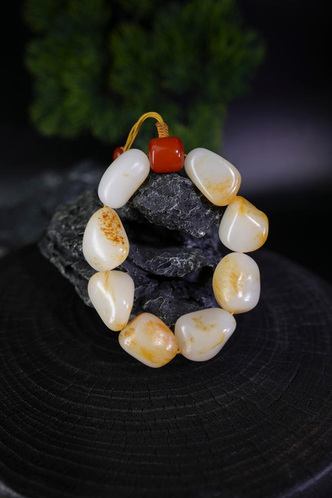 新疆和田玉白玉洒金皮籽料原石手串（修）（yc229704）