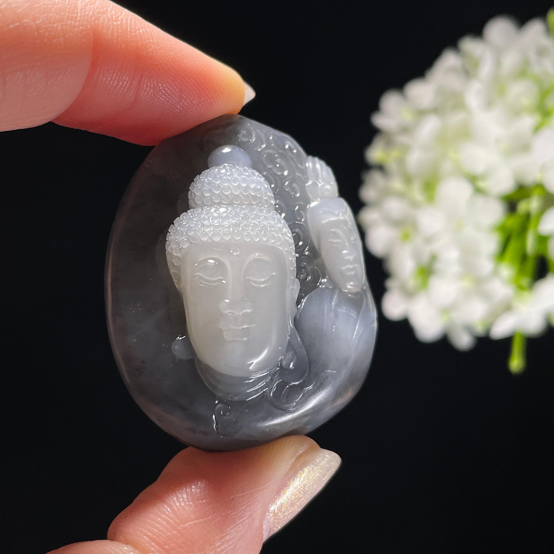 和田玉青花籽料洒金皮“双圣莲运”佛、观音雕刻挂件（yc325491）