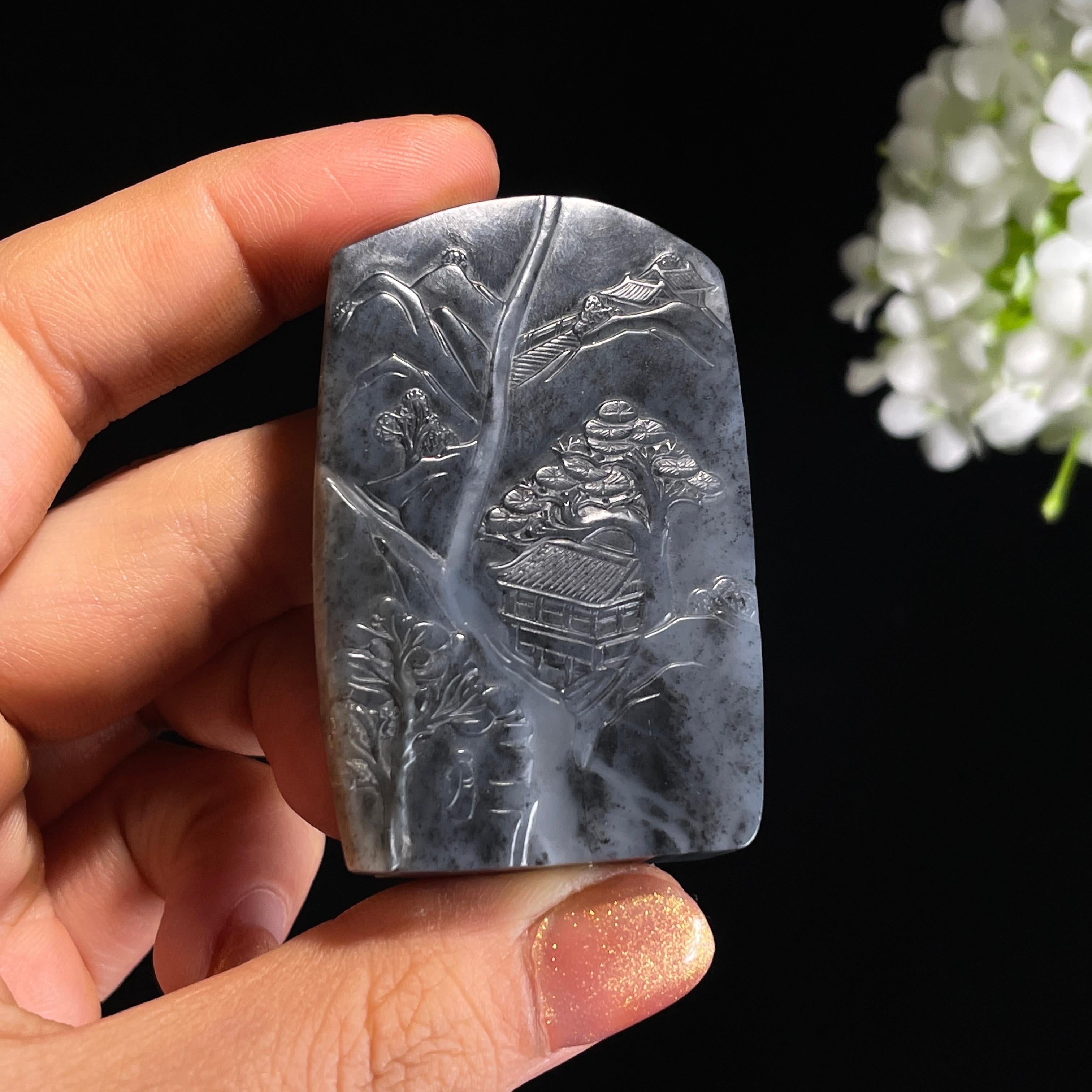 和田玉青花籽料“水墨山居”山水牌（yc417436） – 添福玉器