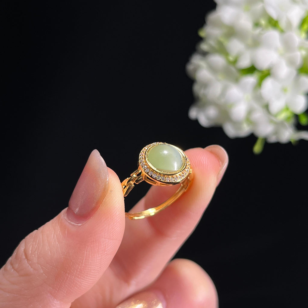 新疆天然和田玉黄口料925银镶蛋面戒指（yc302337）