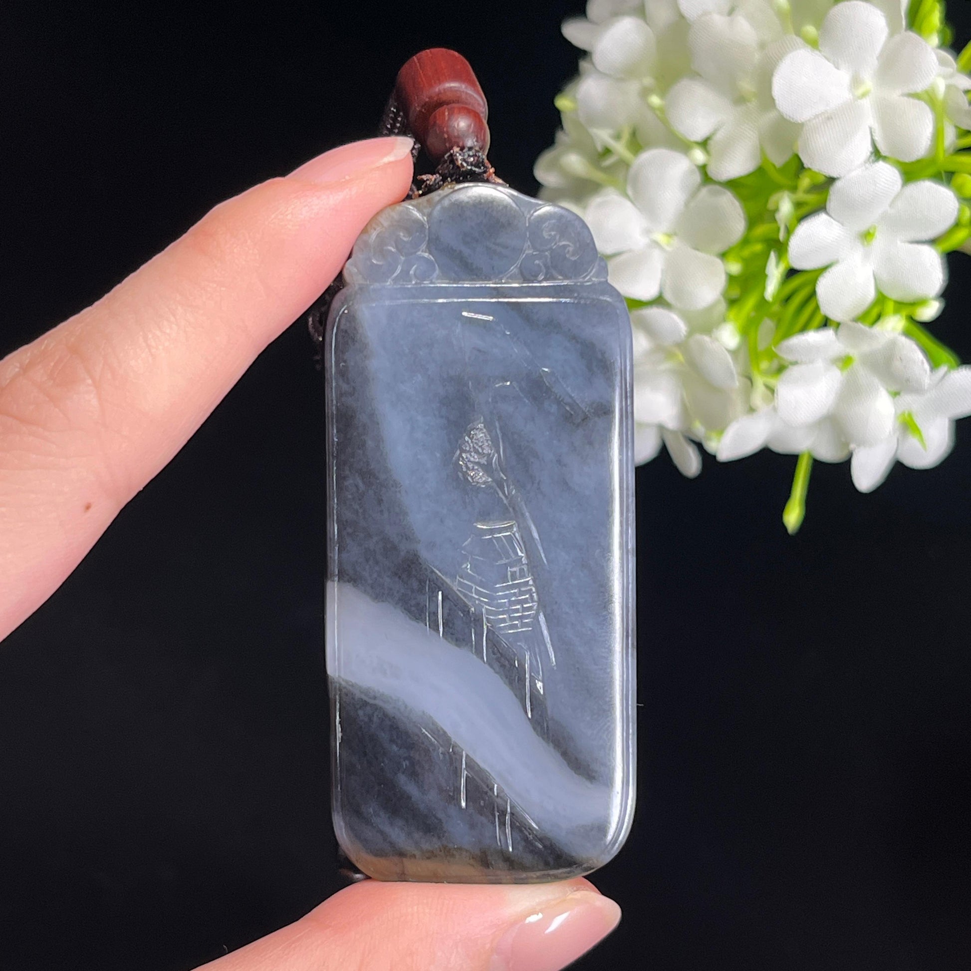 天然和田玉“烟江归舍”青花雕刻无事牌（yc339101）