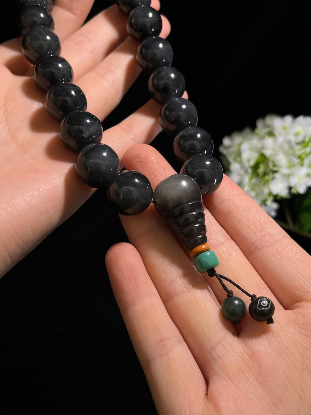 和田玉青花圆形珠手串（卡16）（yc254945）