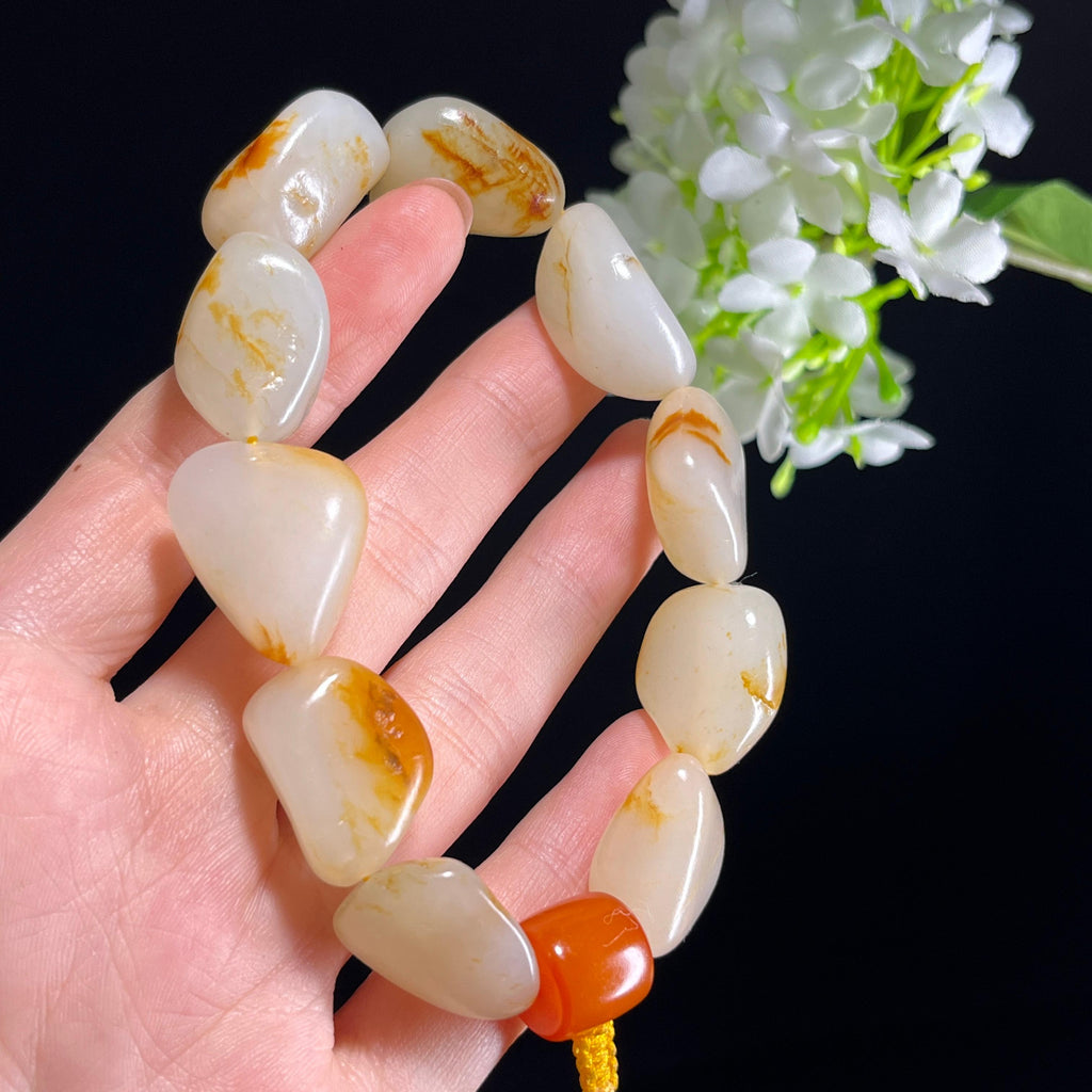 和田玉白玉洒金皮红皮籽料原籽手串（yc347513）