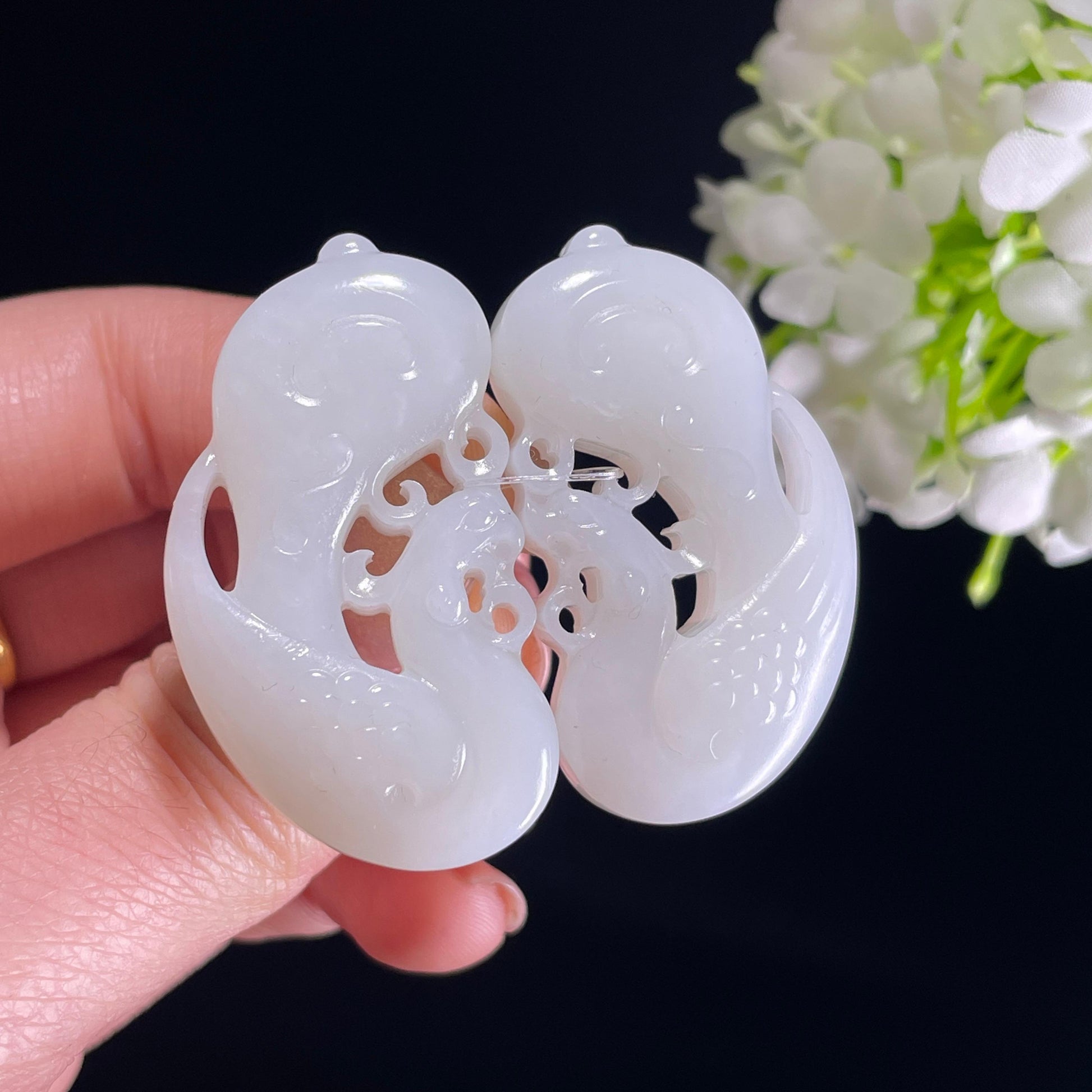 新疆天然和田玉白玉龙凤对牌（yc342091）