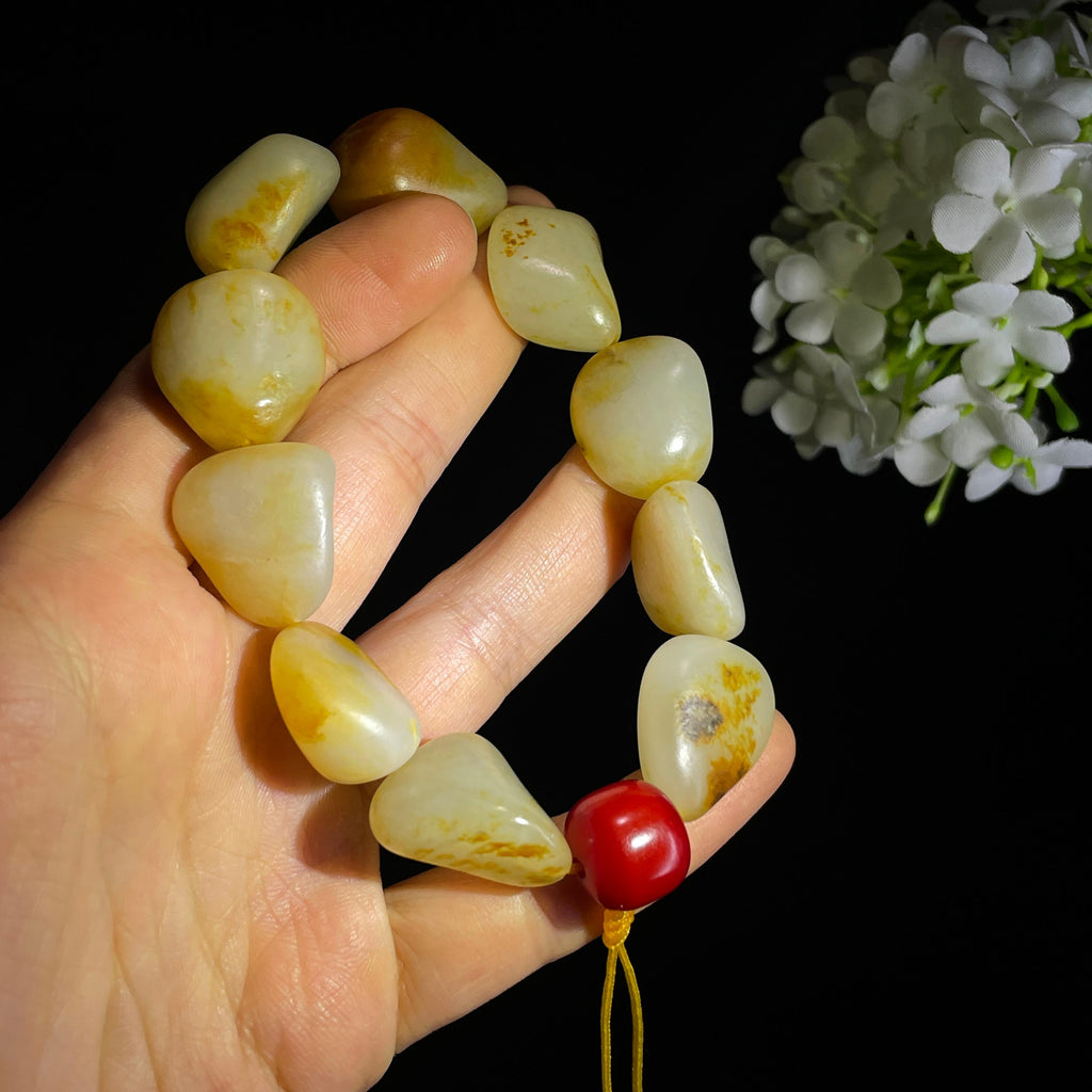 和田玉白玉洒金皮红皮原籽手串（yc356648）