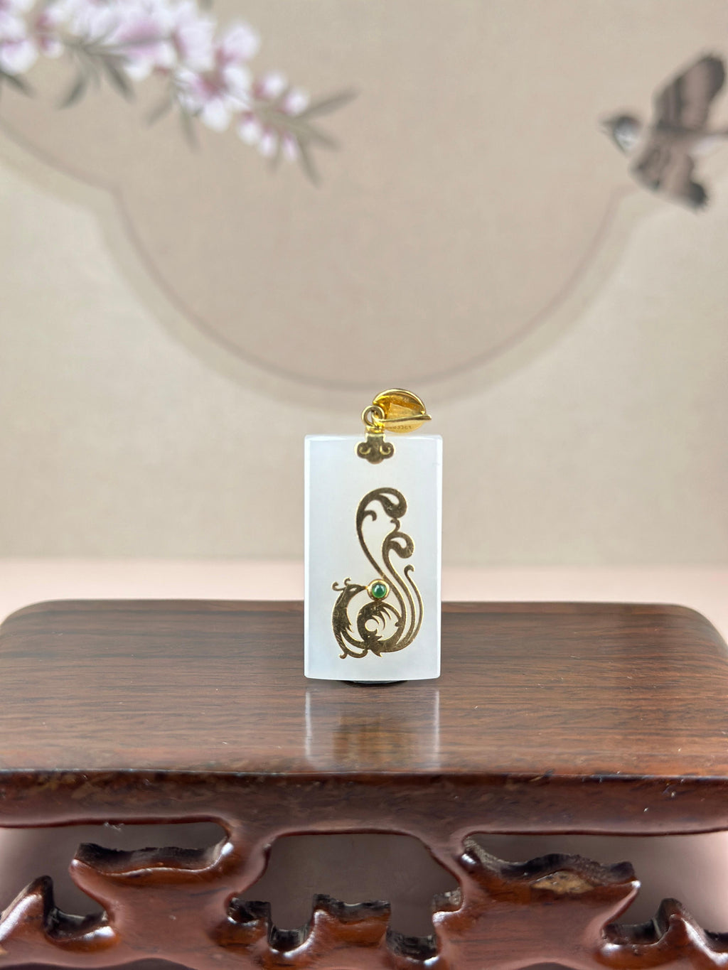 18K 金镶和田玉白玉错金凤凰方牌吊坠（yc775675）