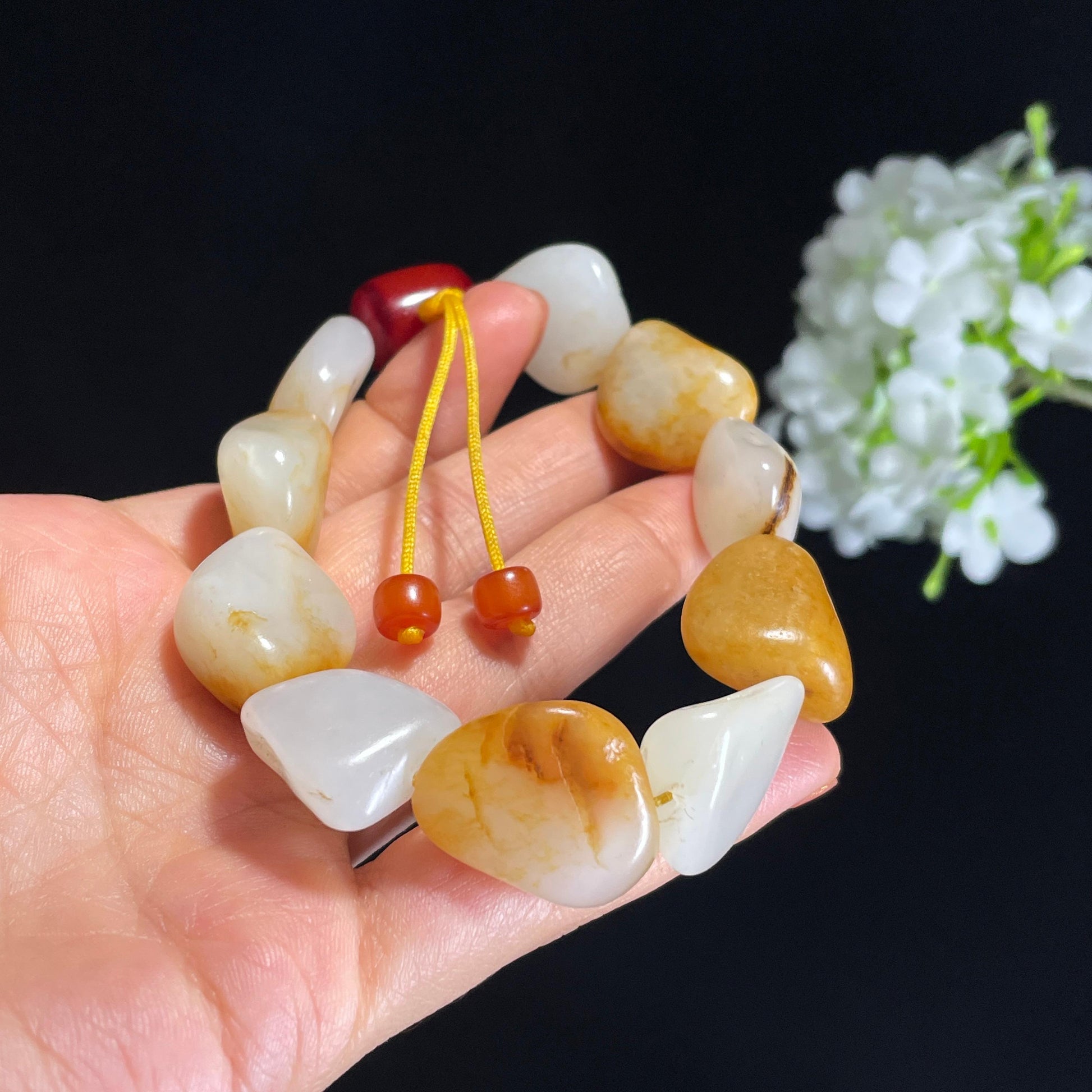 新疆天然和田玉白玉红皮洒金皮原籽手串（10颗)（yc418907）