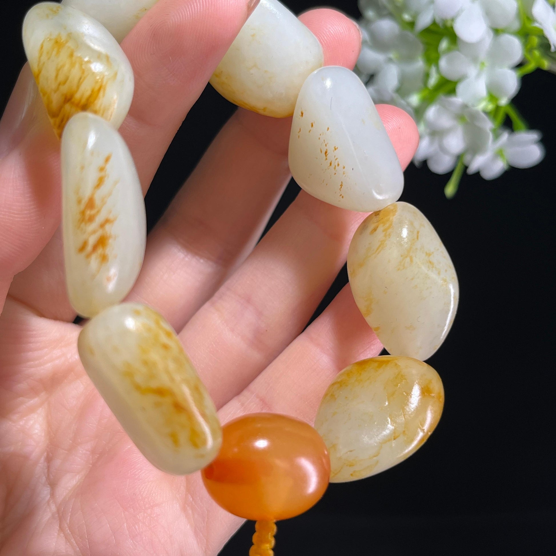 和田玉白玉洒金皮红皮原籽手串（yc381699）