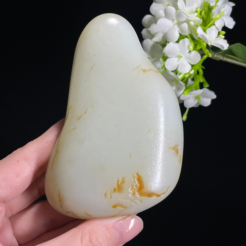 和田玉高青白洒金皮“山月照雪”籽料原石（yc310228）