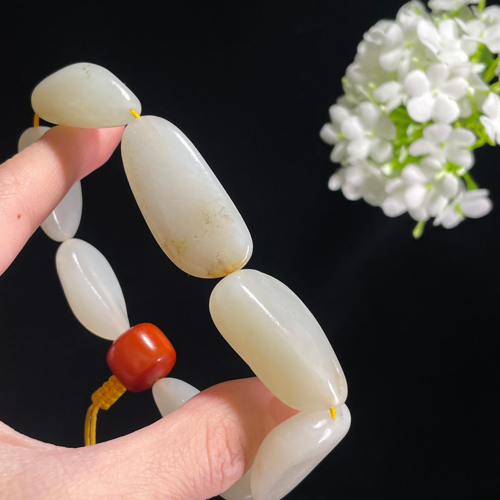 新疆和田玉白玉青白玉天然原籽手串（yc369864）