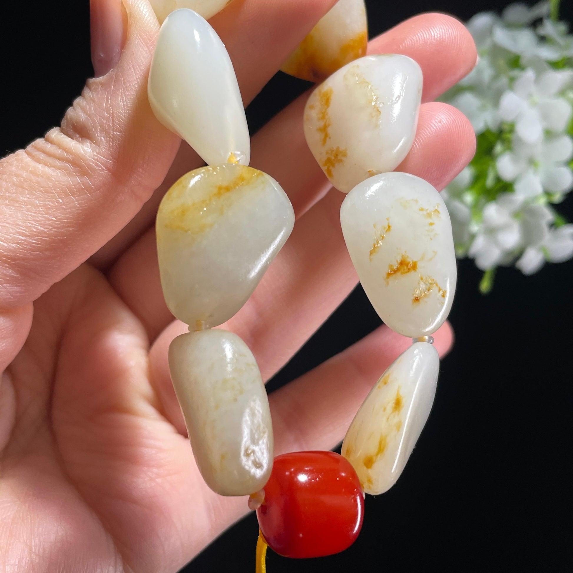 和田玉白玉洒金皮红皮原籽手串（yc381872）