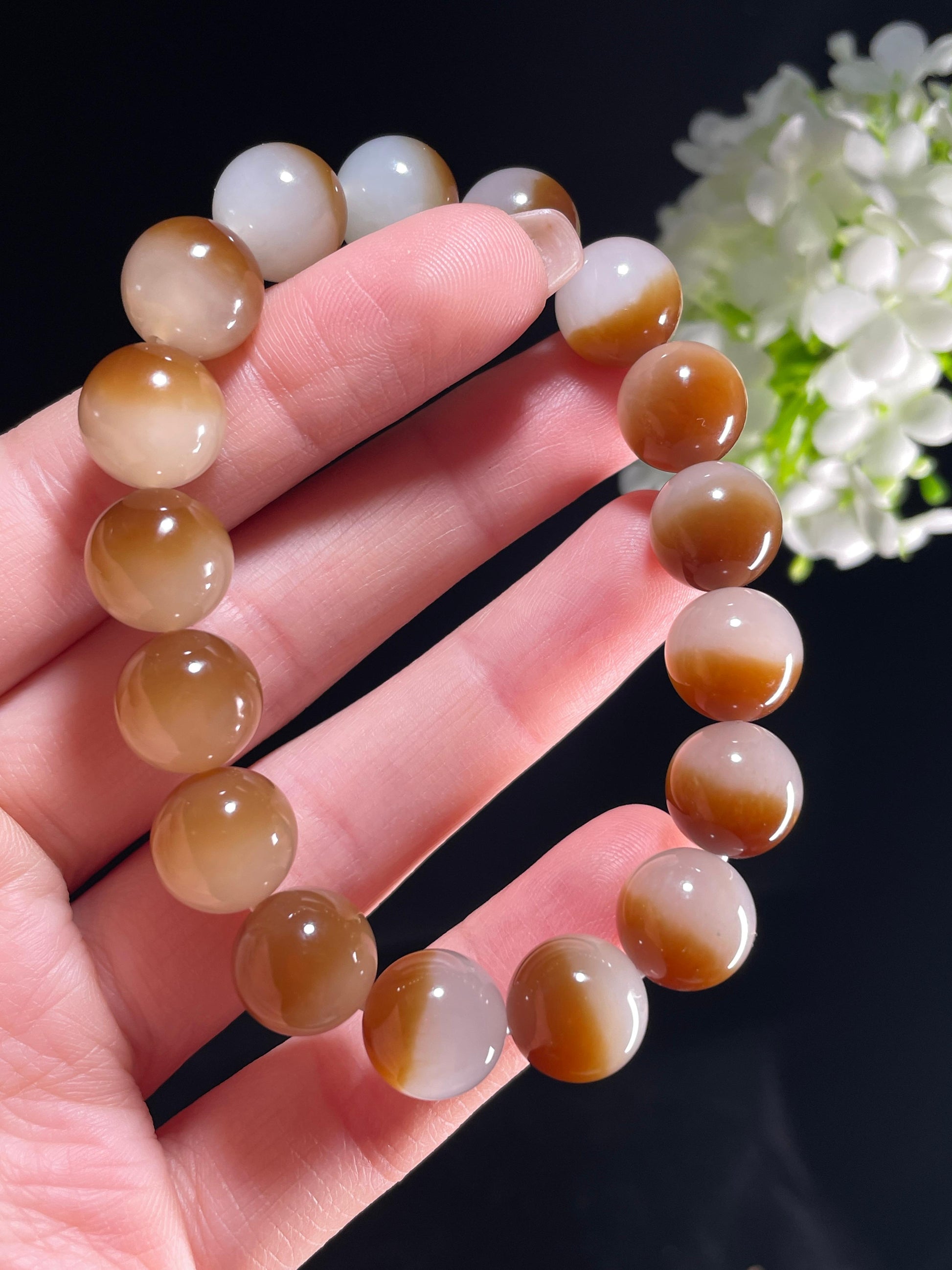 新疆天然和田玉糖白玉聚宝盆圆珠手串（yc357660）