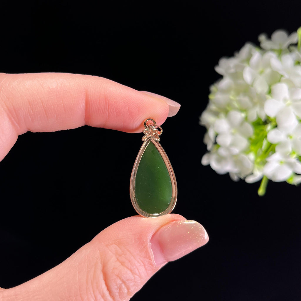 新疆天然和田玉18K金镶碧玉水滴吊坠（yc351472）