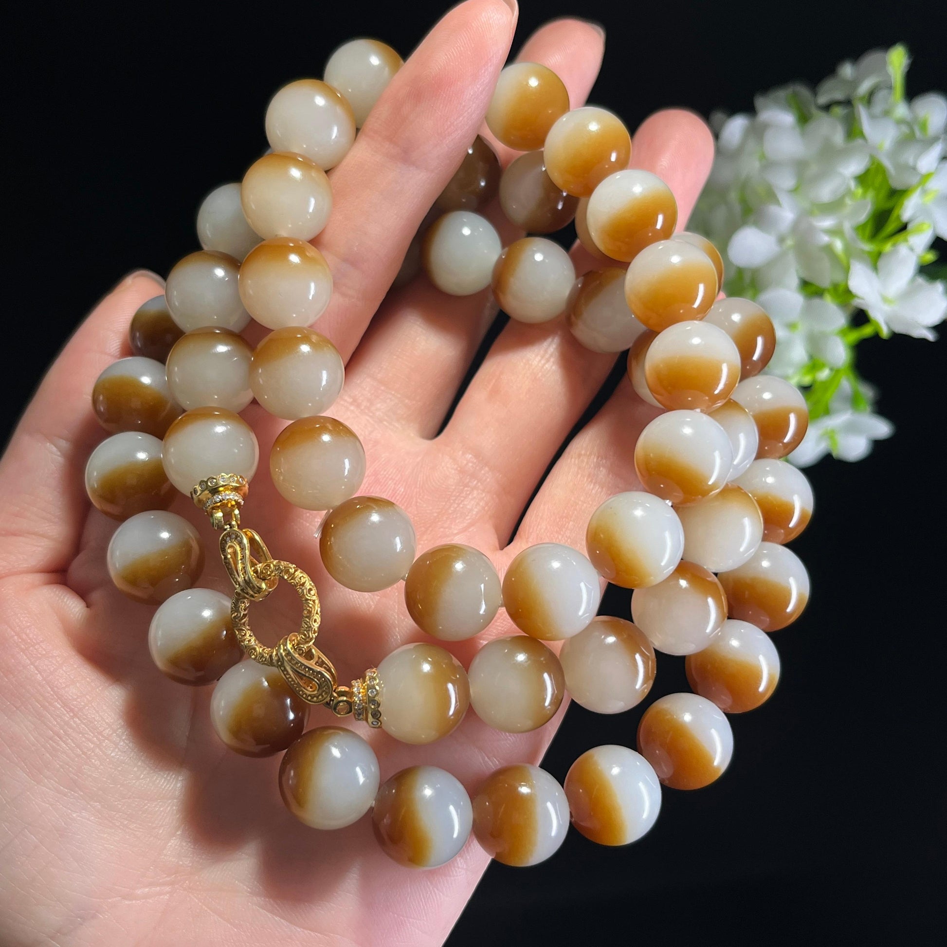 新疆天然和田玉且末料糖白手串、项链套装（yc343830）