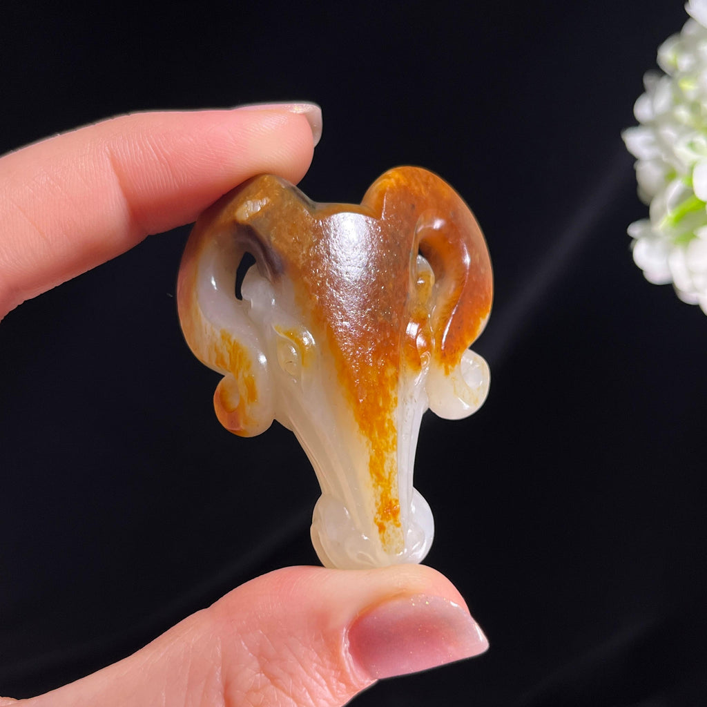 新疆天然和田玉“玉角金茸”籽料聚红皮羊头挂件（yc292540）