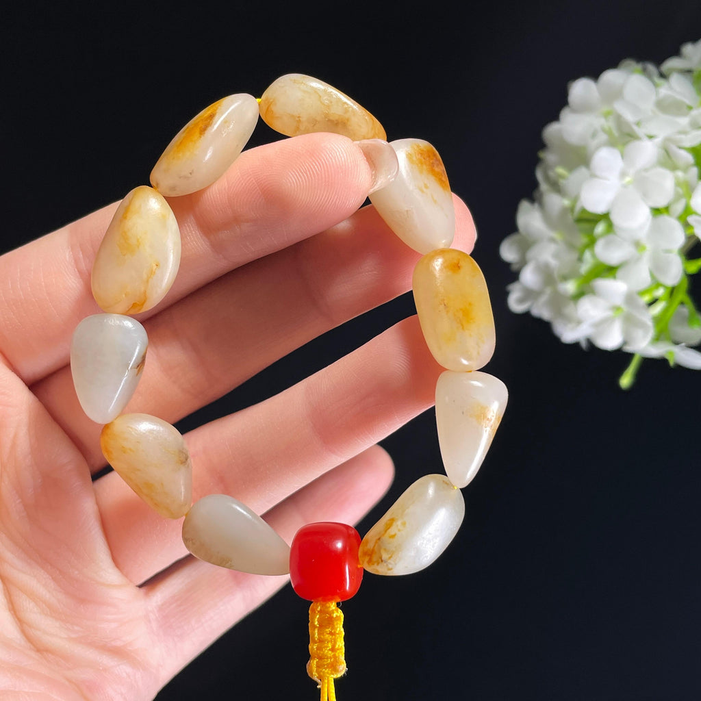和田玉白玉红皮洒金皮原籽手串（yc410757）