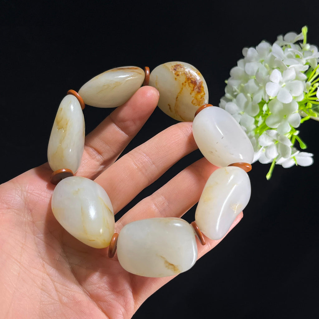 和田玉白玉红皮原籽手串（7颗）（yc399451）