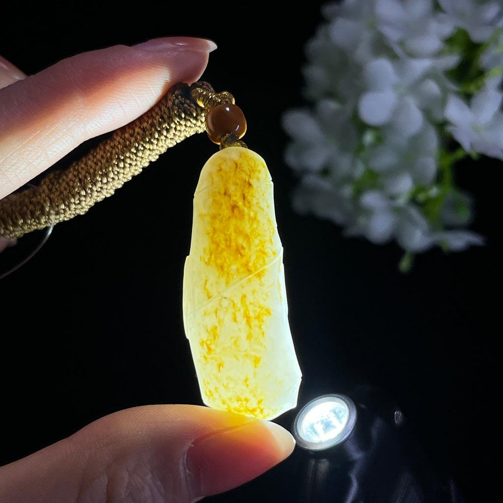 新疆天然和田玉白玉洒金皮竹节随形雕挂件（yc349654）