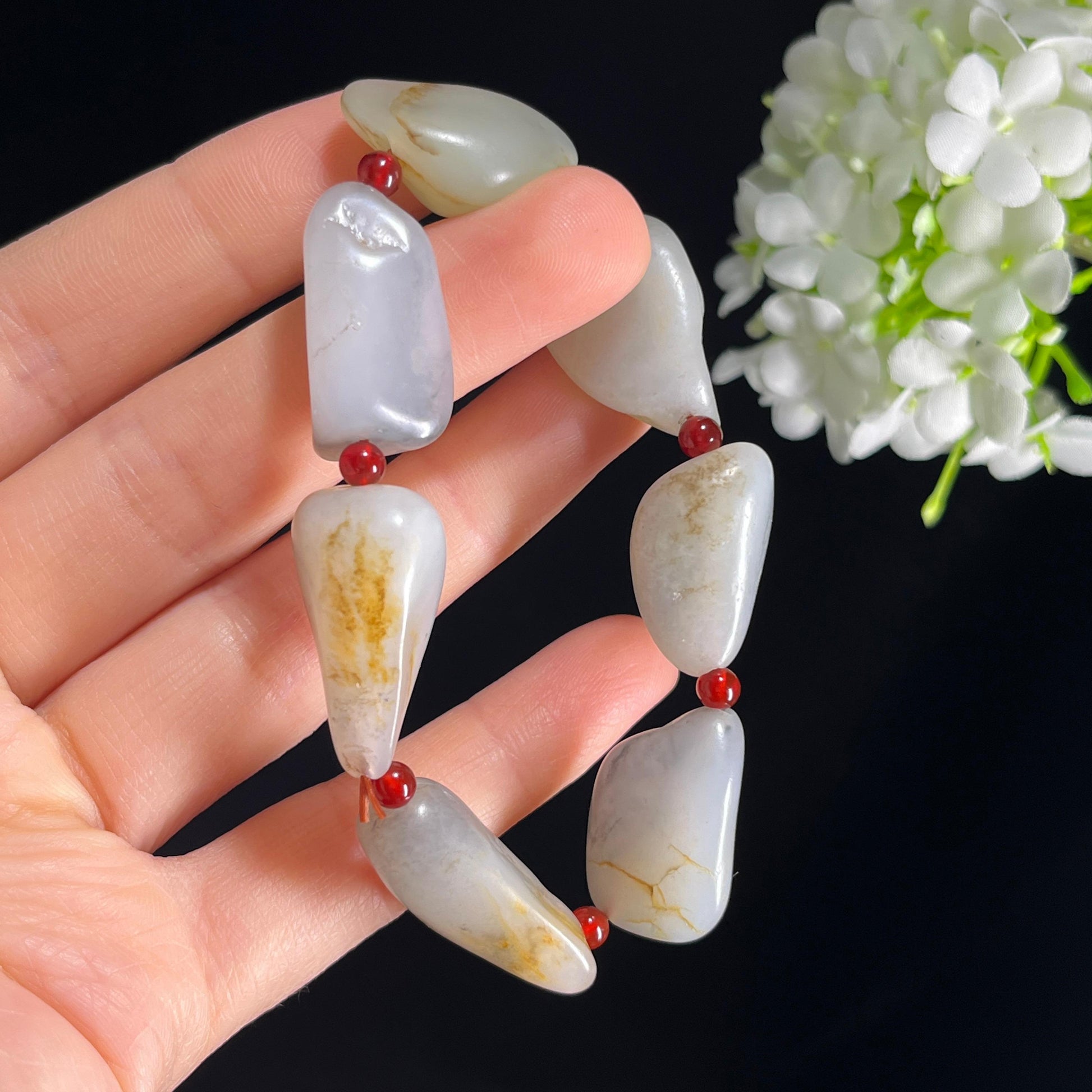 和田玉白玉青白玉洒金皮青花原籽手串（7颗）（yc399601）