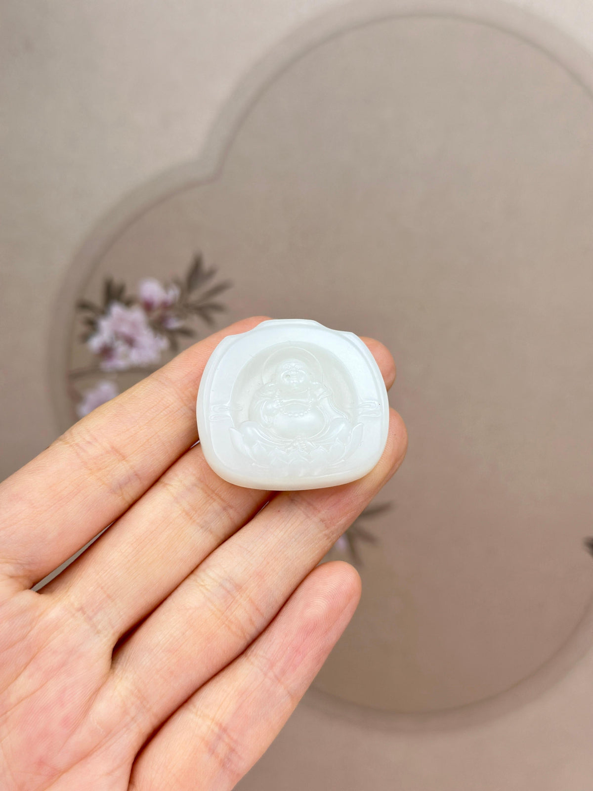 和田玉白玉弥勒莲花双面玉牌挂件（yc775455）