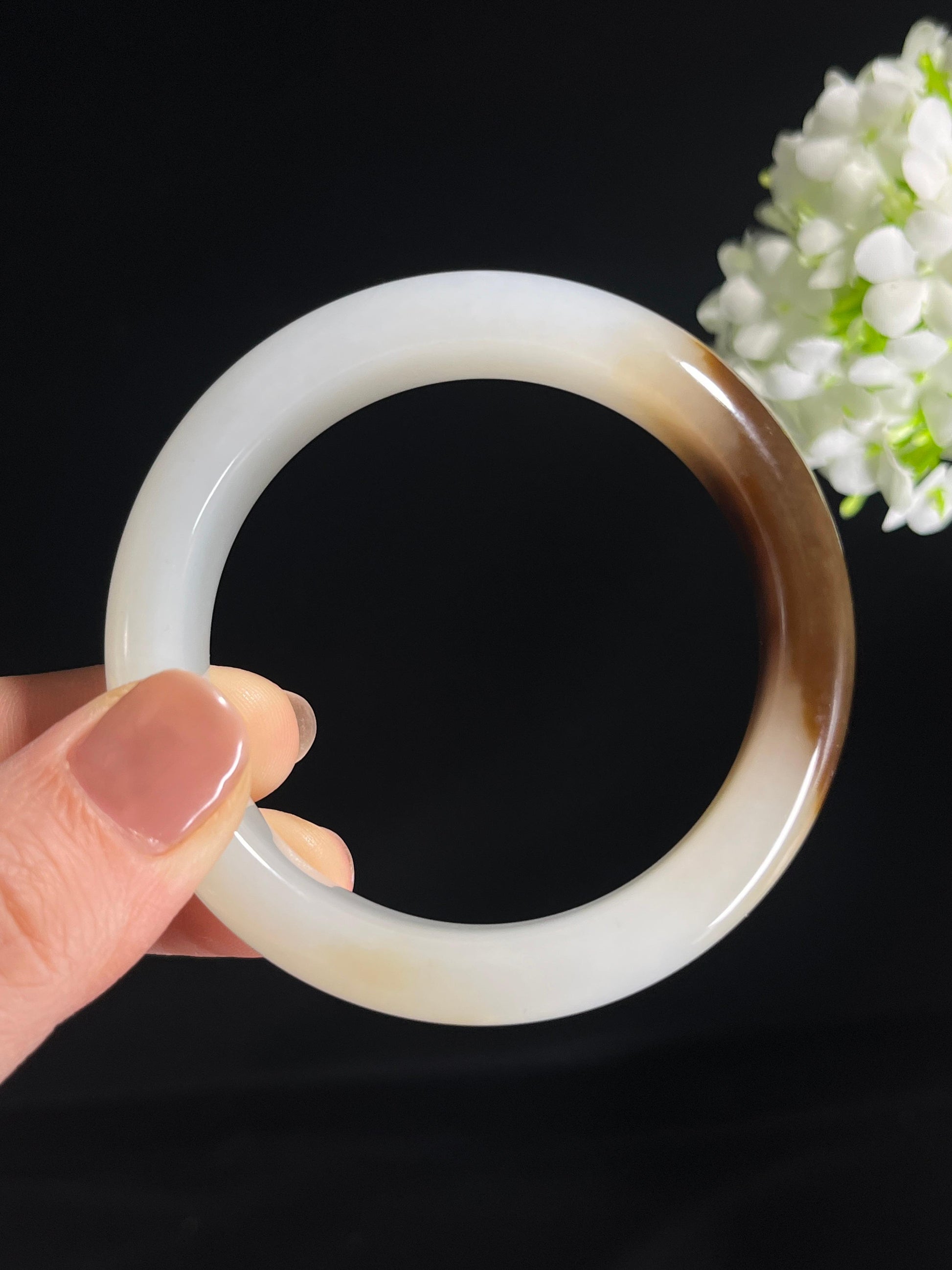 新疆天然和田玉“秋云染玉”且末糖白手镯（卡55）（yc278470）