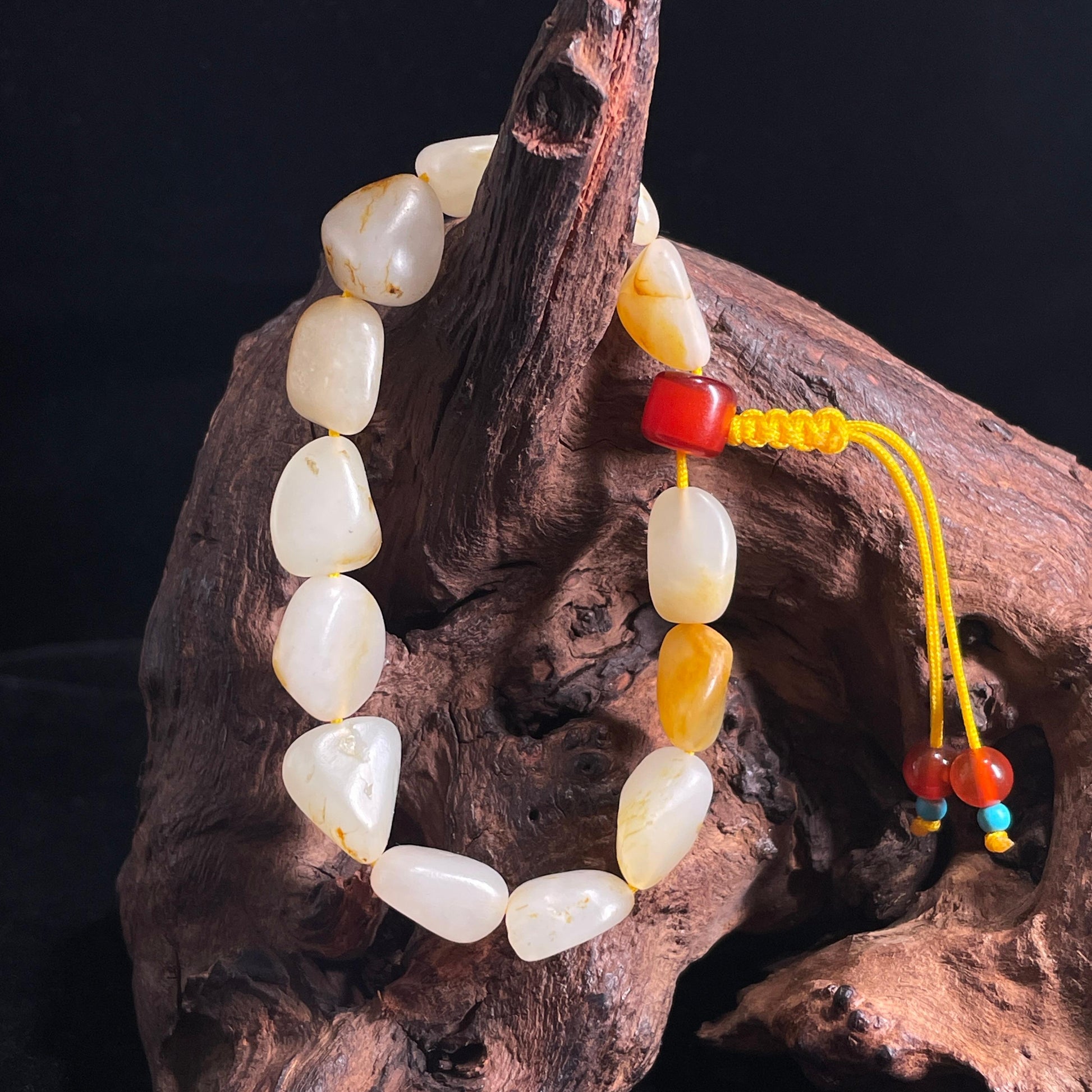 和田玉白玉洒金皮洒红皮原籽手串（yc410758）