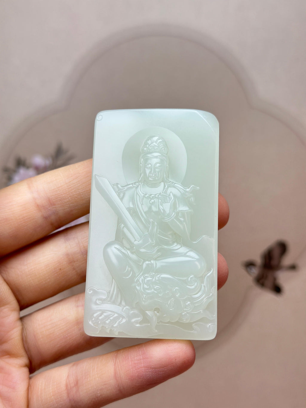 臻品新疆和田玉白玉籽料文殊菩萨玉牌挂件（yc765483）