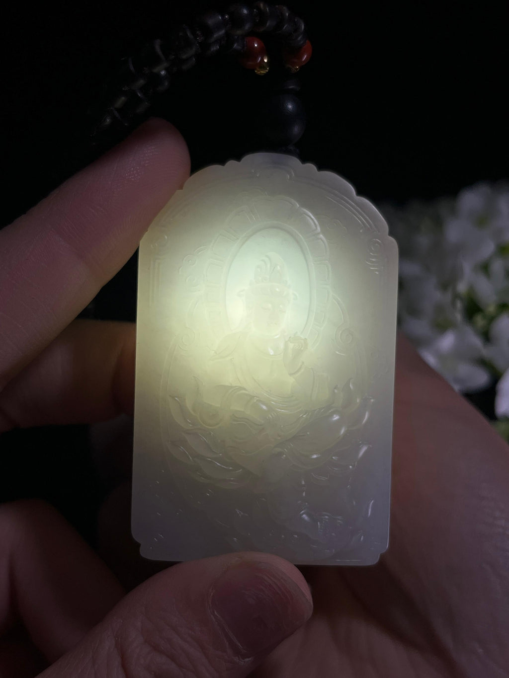 新疆和田玉白玉籽料洒金皮“玉莲祥护”观音无事牌（yc252120）