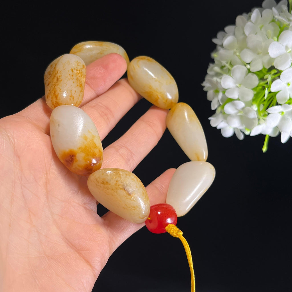 和田玉白玉洒金皮黄沁皮籽料原籽手串（yc329132）