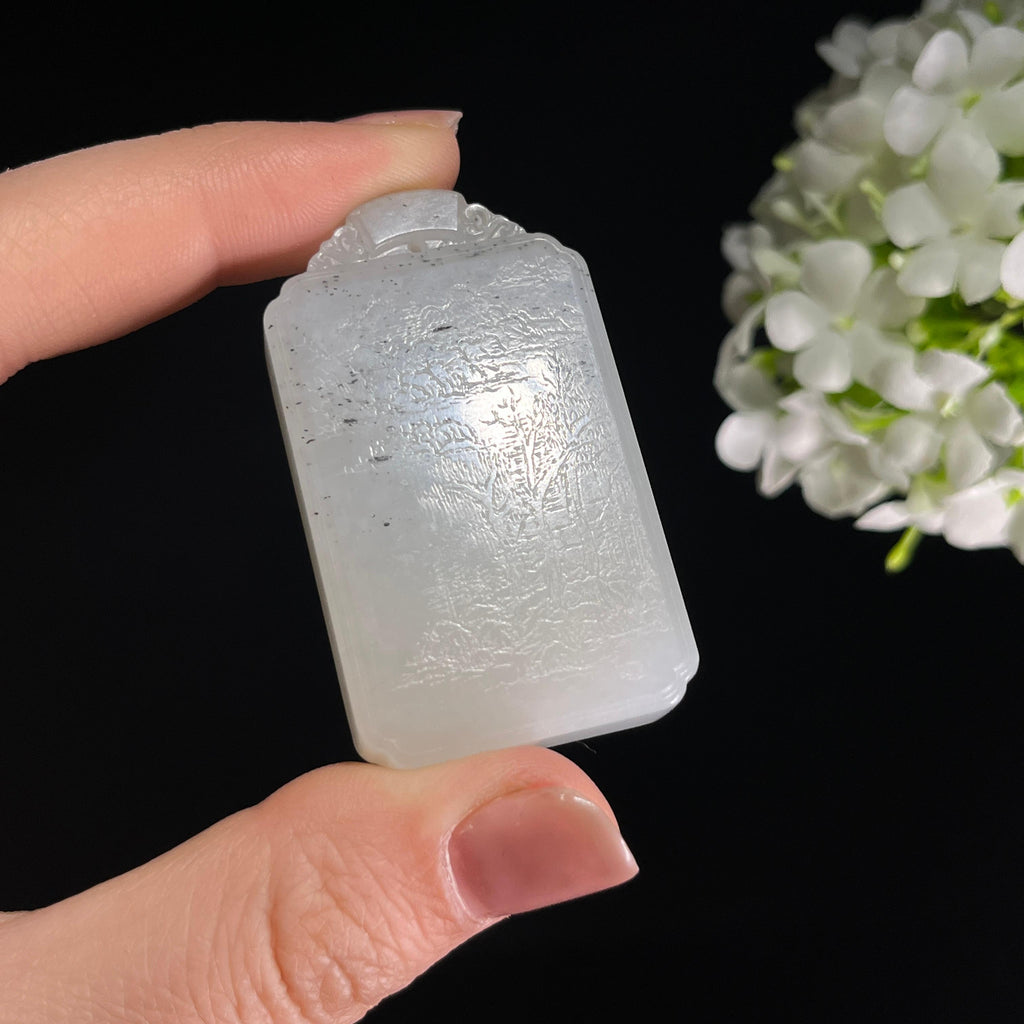 和田玉带墨青花“玉烟林隐”籽料雕刻挂件（yc284617）