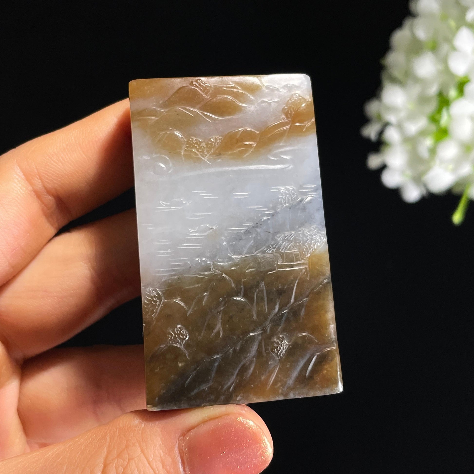 和田玉“苍山如海”青花糖玉山水牌（yc417440）