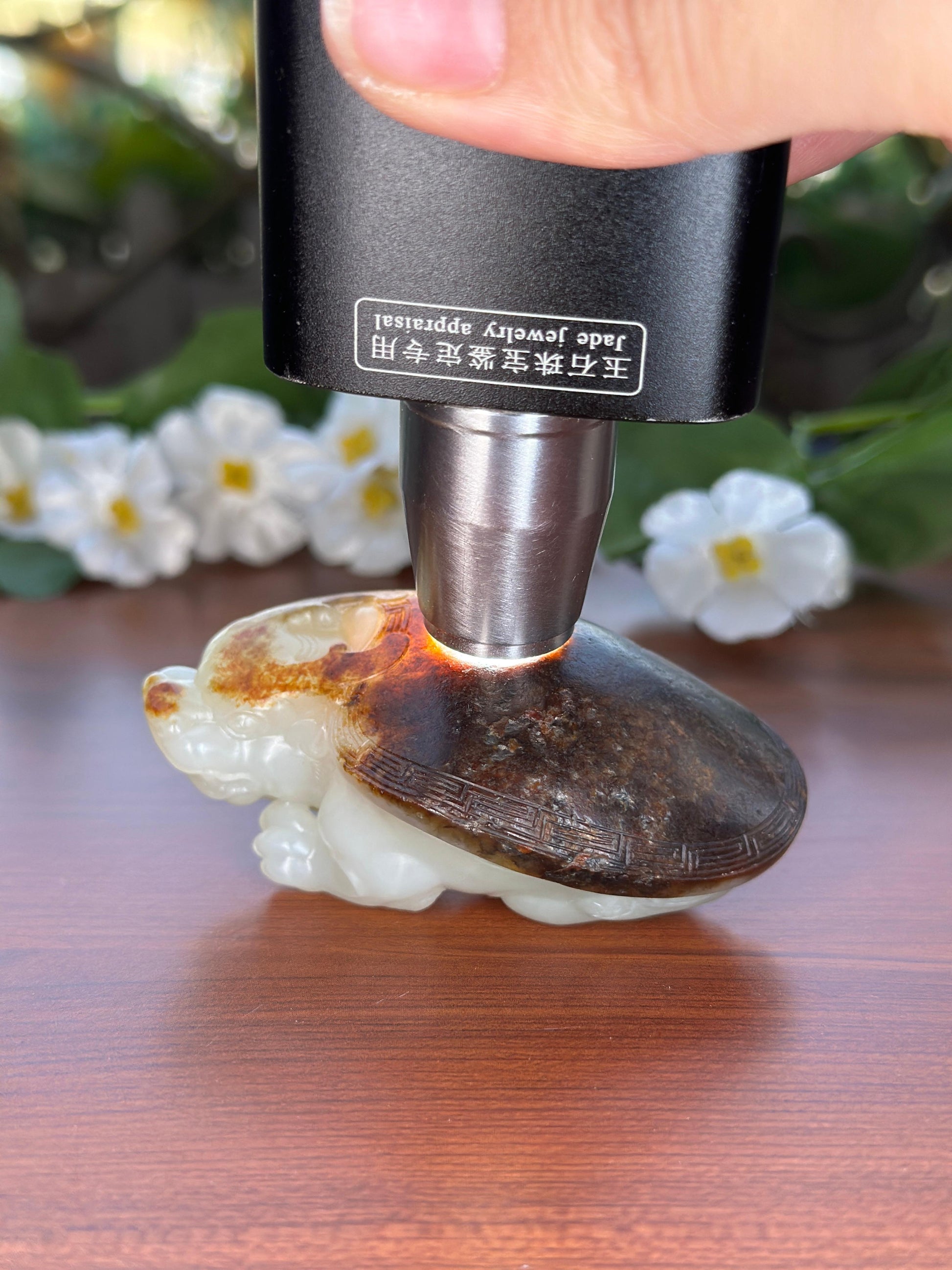 新疆和田玉精品白玉黑红皮籽料龙龟手把件（yc710527）