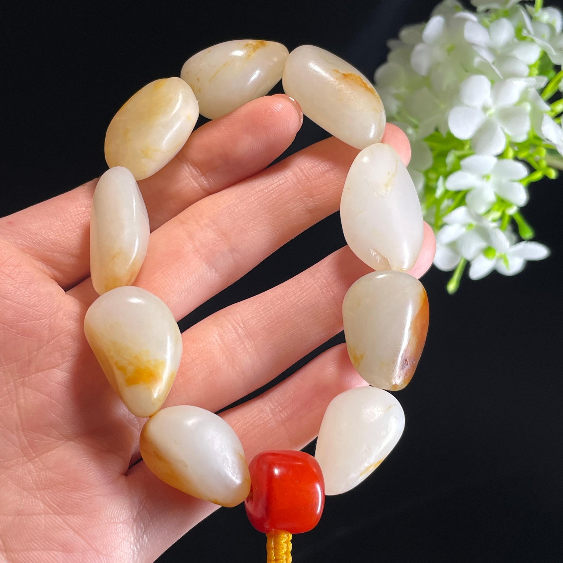 和田玉白玉洒金皮红皮原籽手串（yc356192）