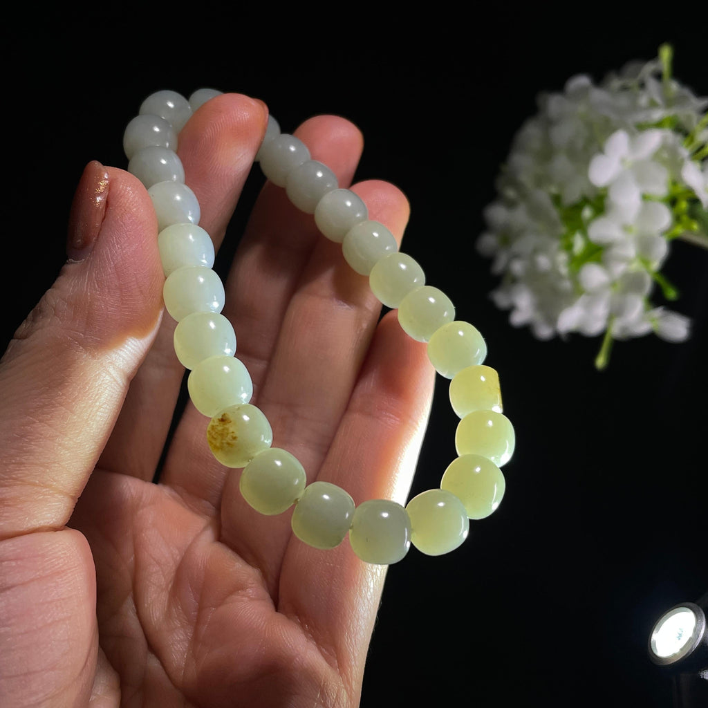 和田玉青白玉洒金皮老型珠籽料手串（yc387509）