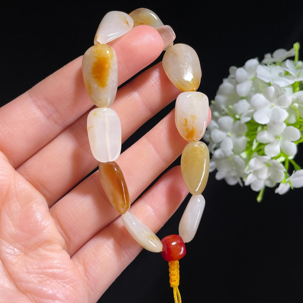 和田玉白玉青白玉红皮原籽手串（yc382224）