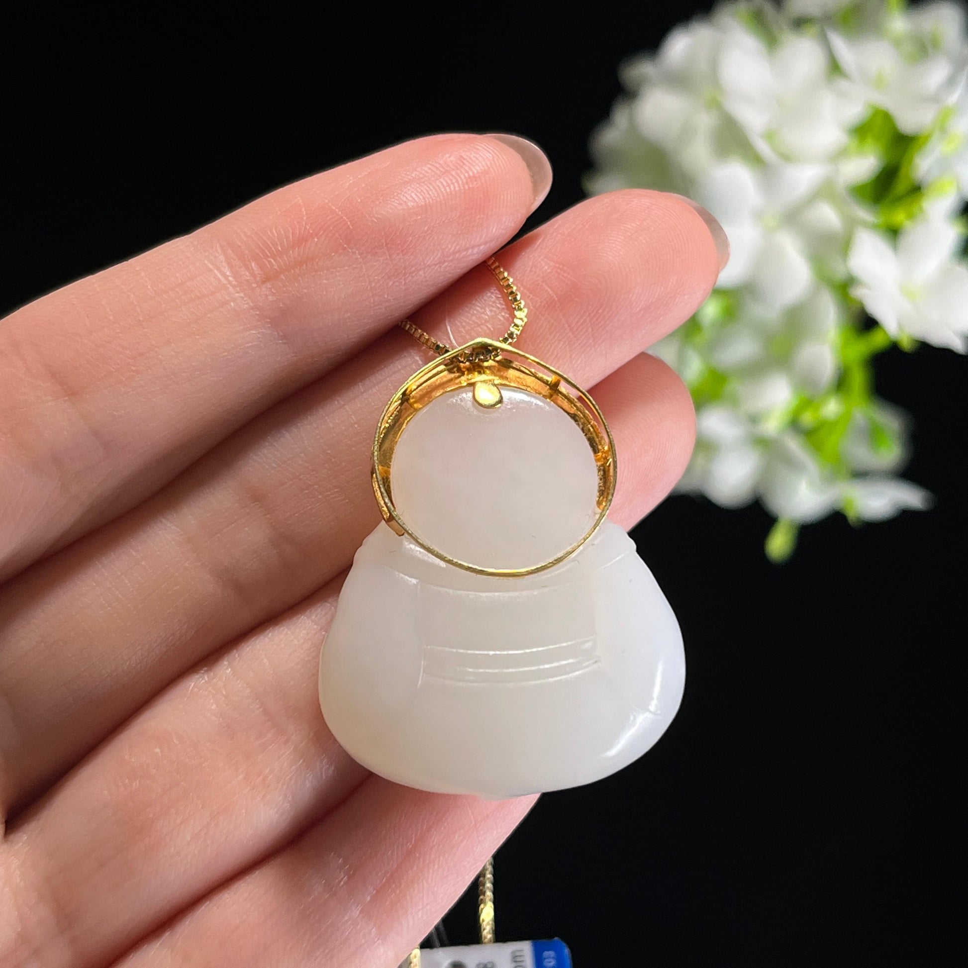 新疆天然和田玉羊脂白玉18K金镶玉弥勒佛挂件（yc349610）