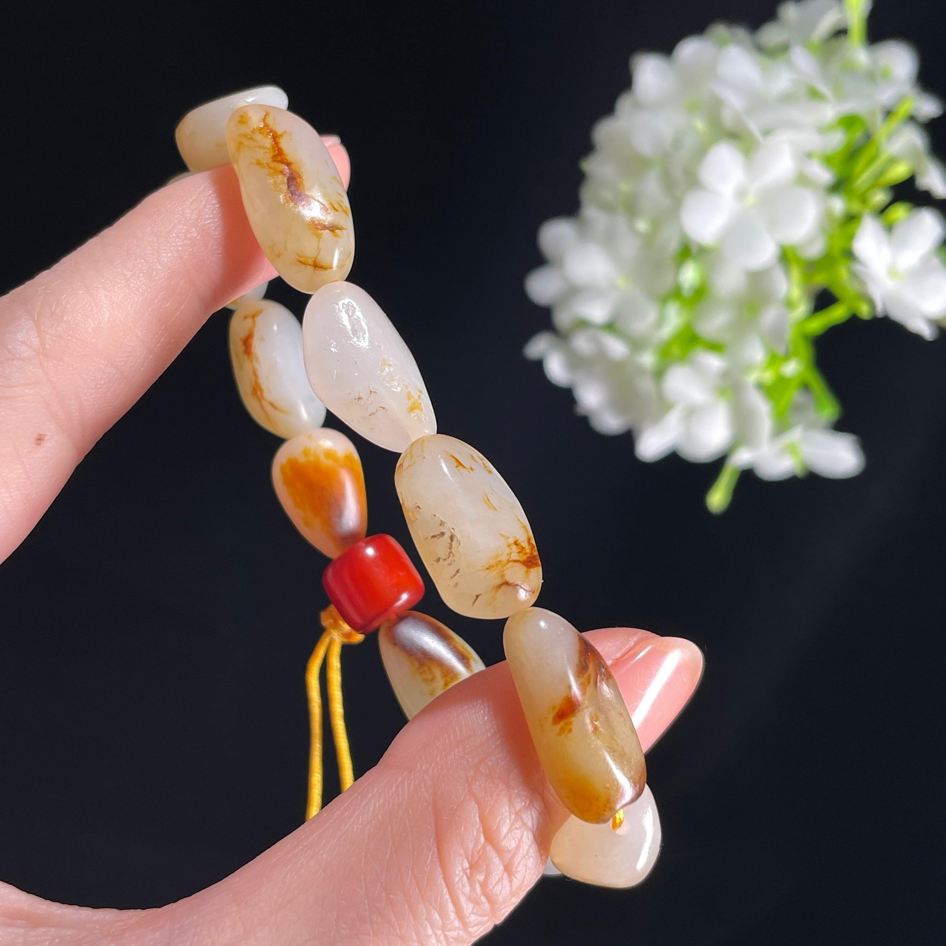 新疆天然和田玉白玉红皮原籽手串（11颗）（yc396001）