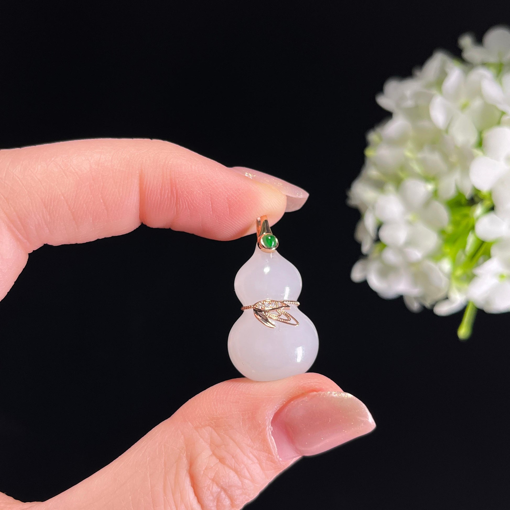 新疆天然和田玉羊脂白玉18K金镶玉葫芦挂件（yc351501）