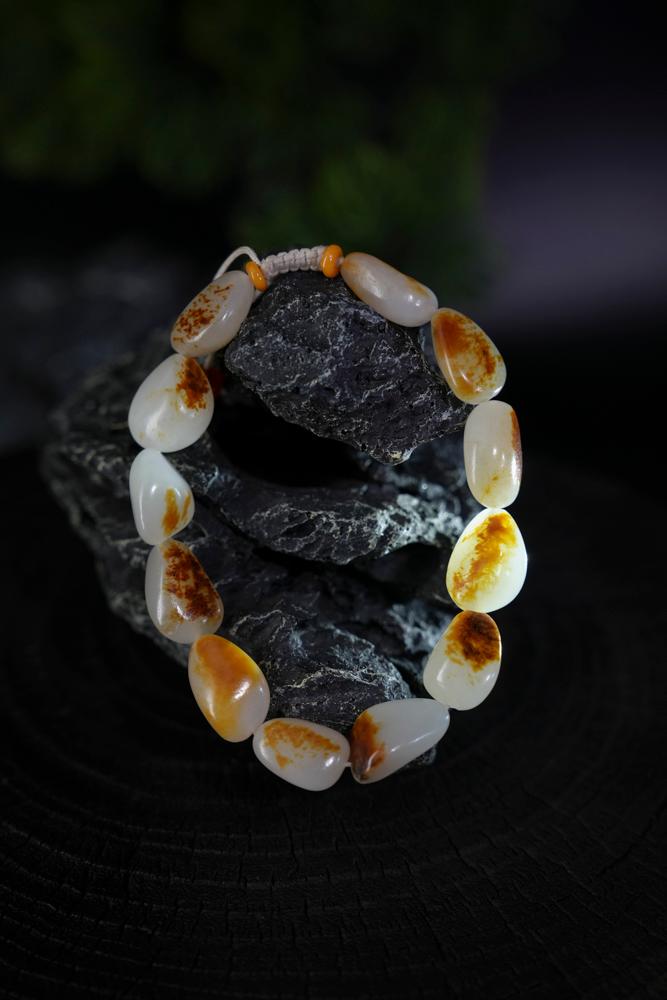 新疆和田玉白玉洒金皮籽料原石手串（yc229719）