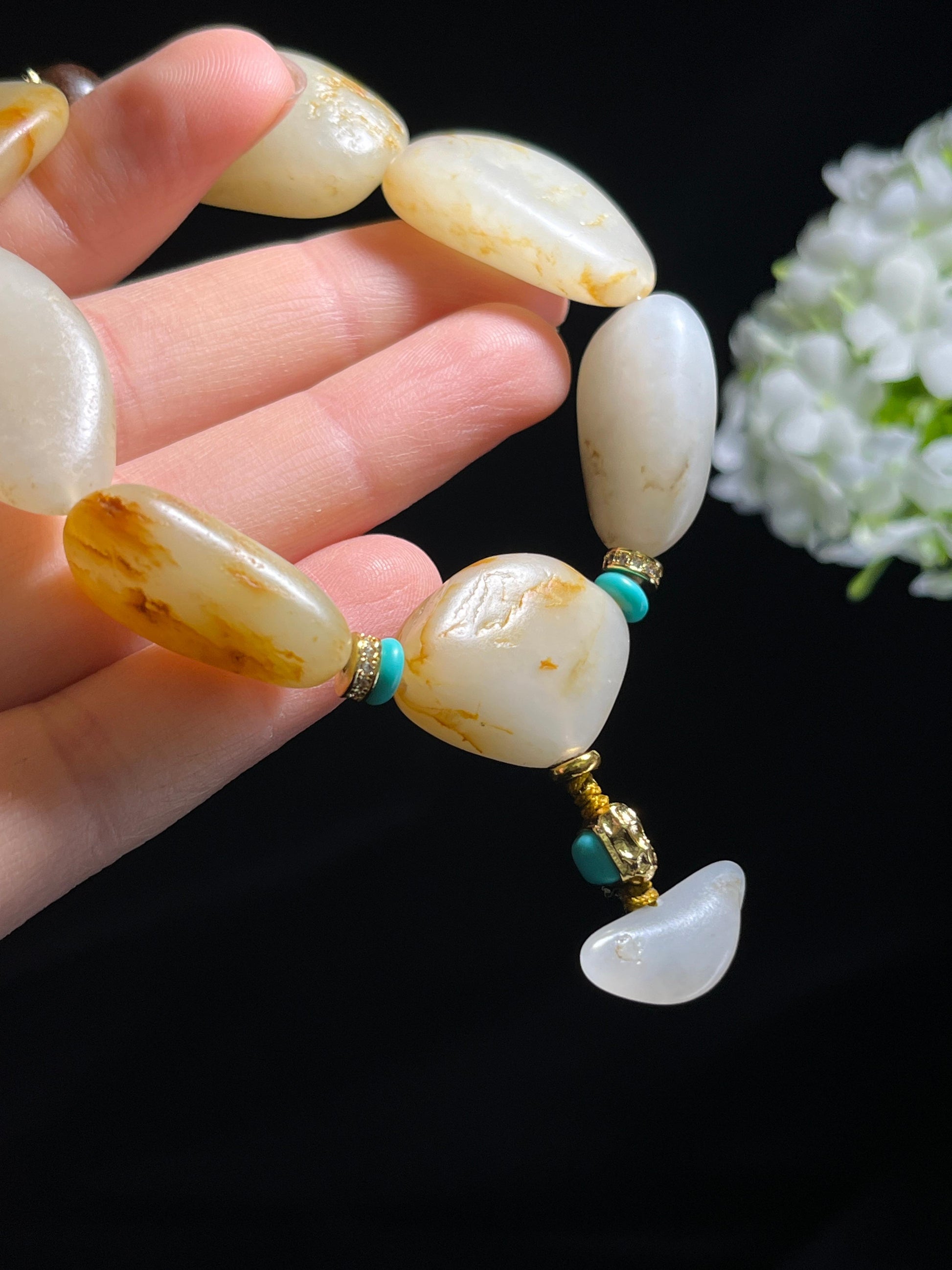 新疆天然和田玉籽料原石洒金皮手串3（yc262652）