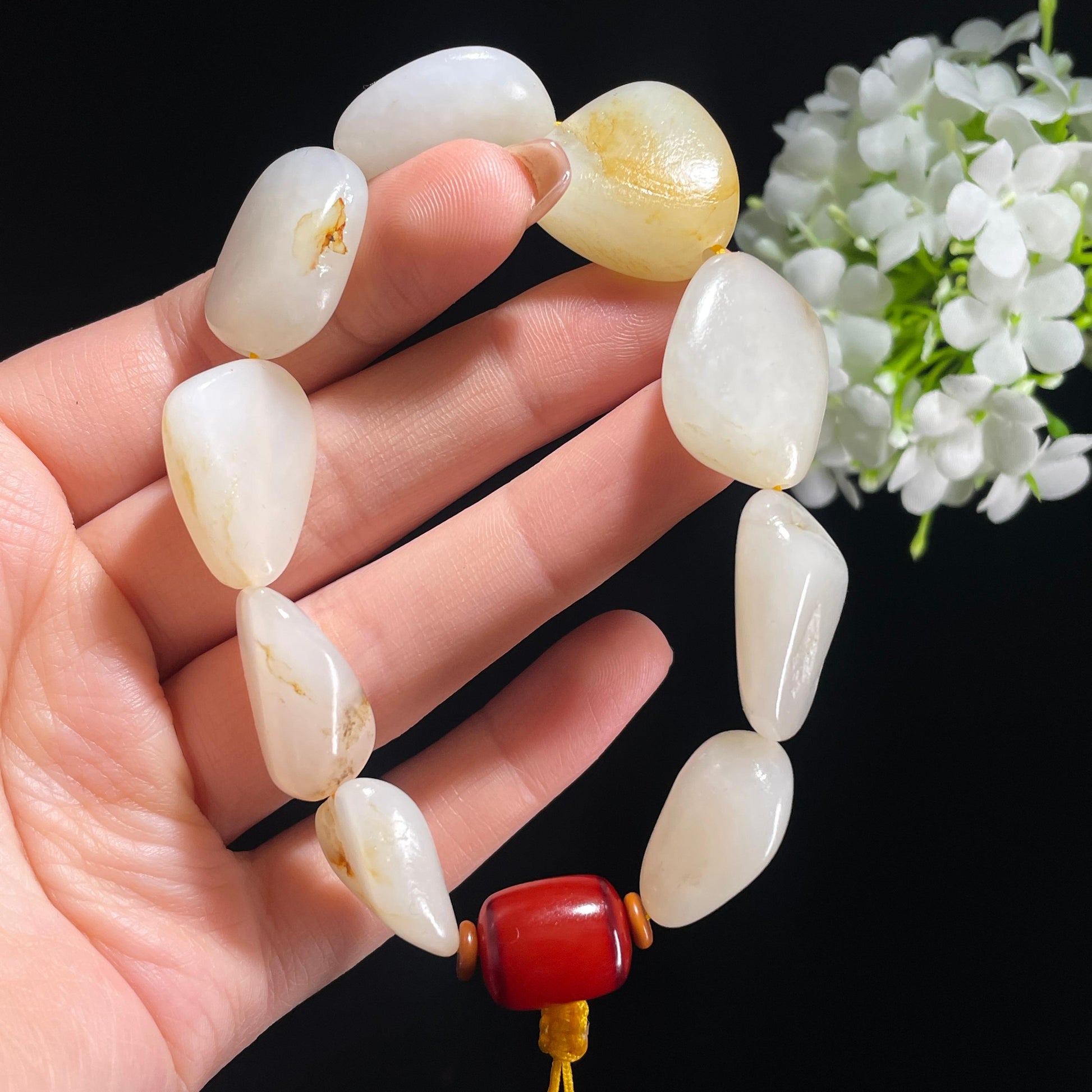 和田玉白玉淡洒金皮原籽手串（yc381970）