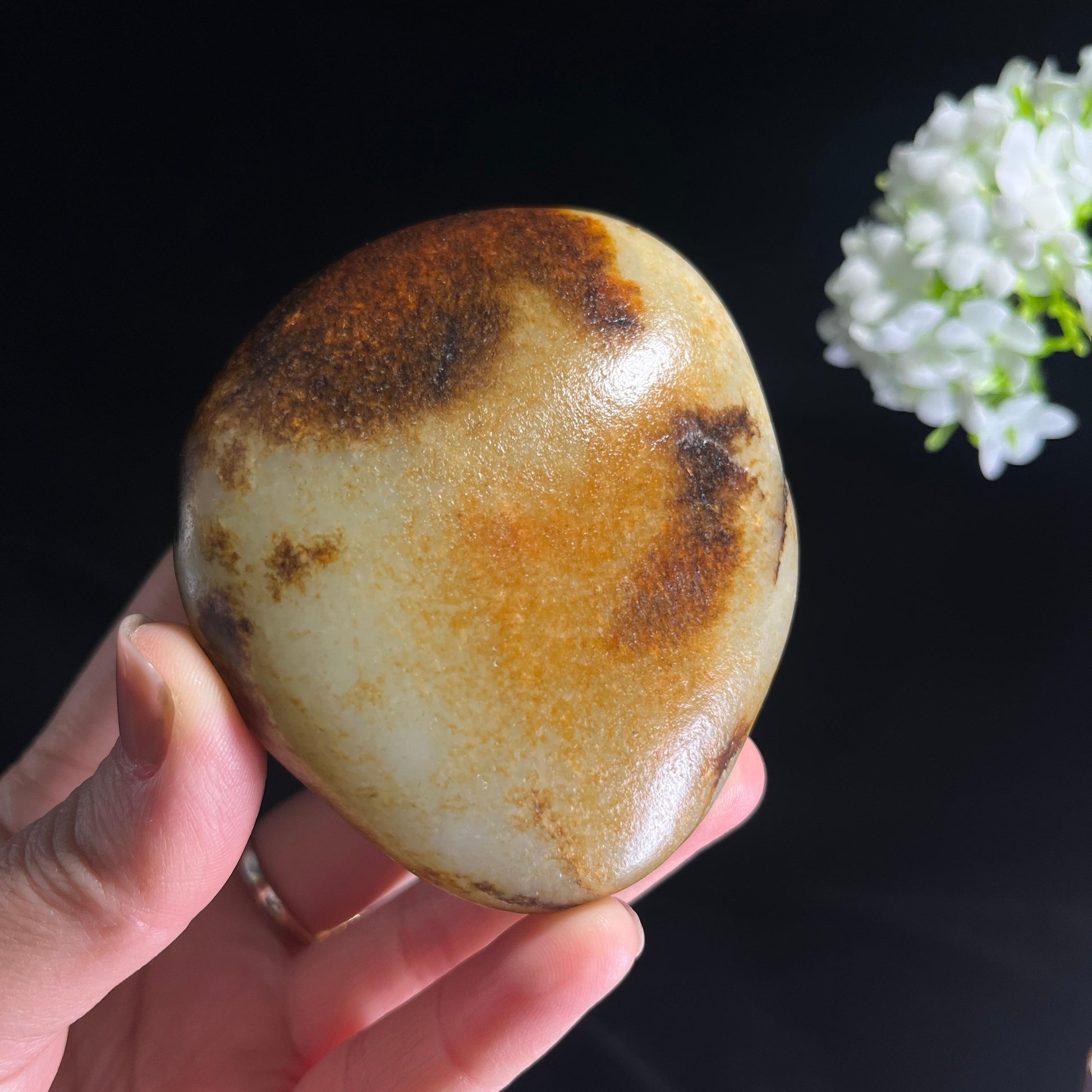 和田玉白玉洒金秋梨皮“金褐玉丸”籽料原石（yc280281）