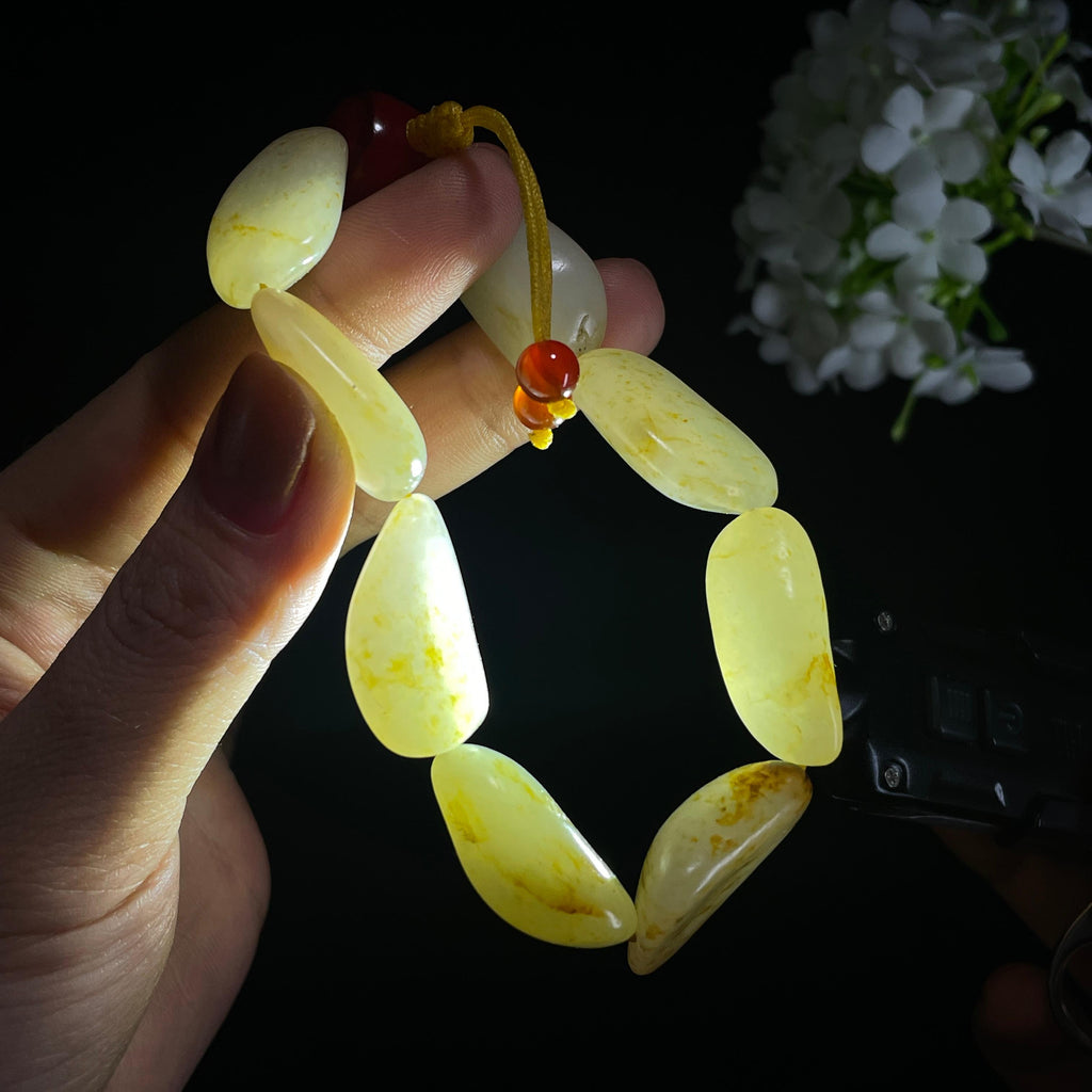 新疆天然和田玉“晴雪流金”籽料手串（yc401249）