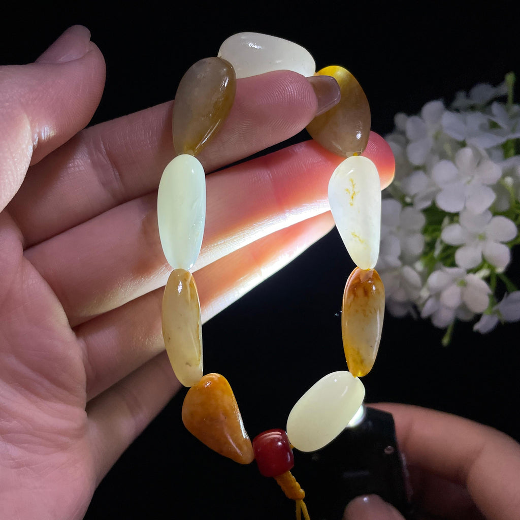 和田玉白玉青白玉红皮原籽手串（yc382236）