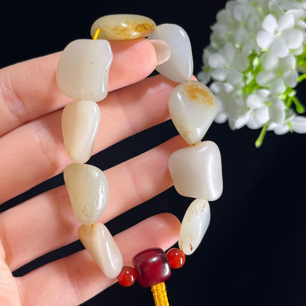 和田玉白玉青白玉洒金皮原籽手串（9颗）（yc399613）